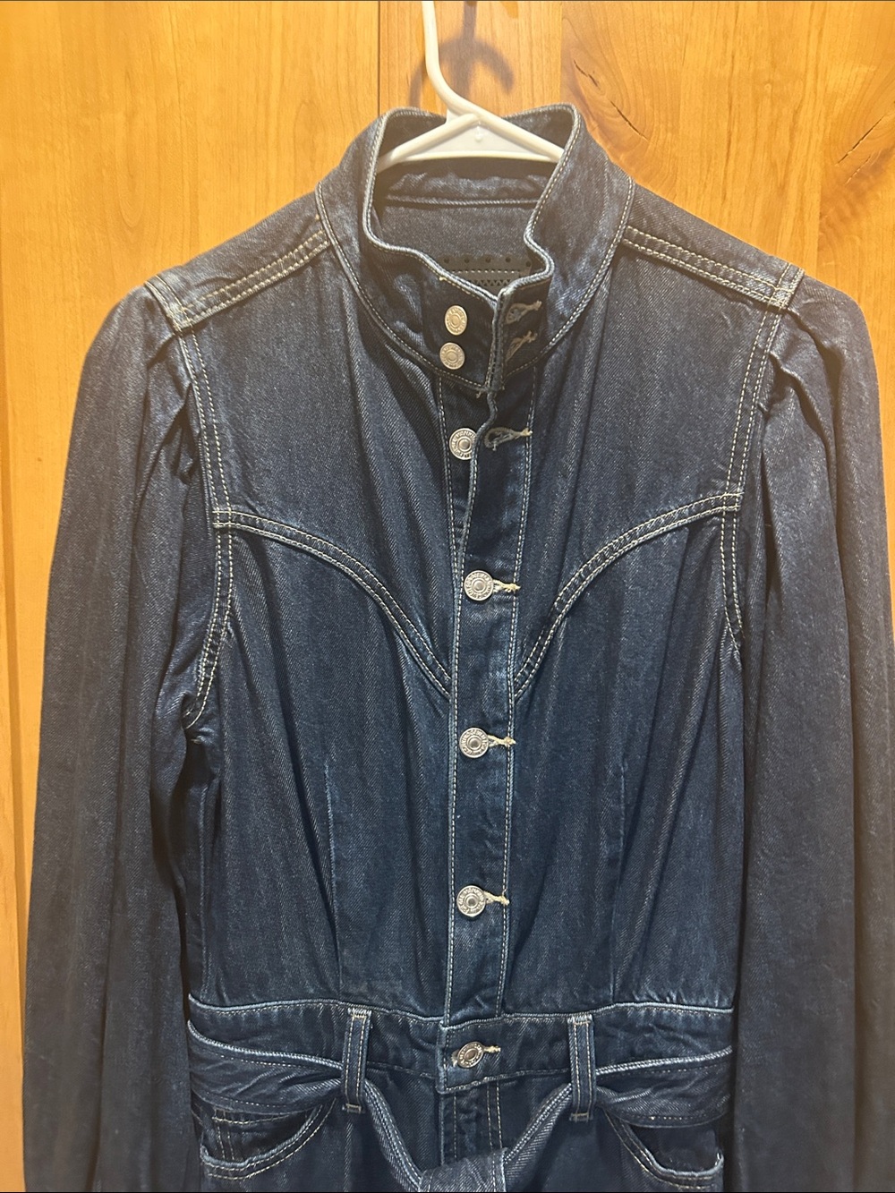 7 For All Mankind Indigo Denim Long-Sleeve Wide-Leg Jumpsuit with Tie Waist - Picture 6 of 8